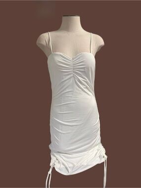 White Ruched Spaghetti-Strap Midi Dress